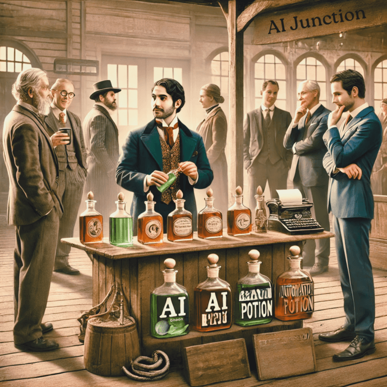 AI generated image of old time snake oil salesman peddling AI solutions in a bottle and modern day business people contemplating his wares